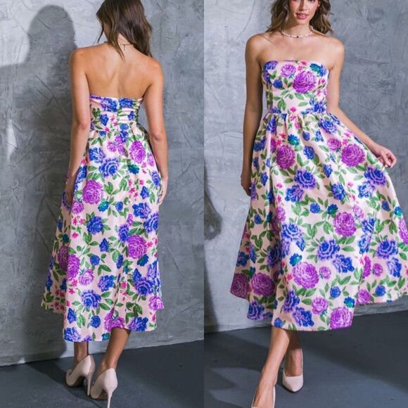 Strapless floral print midi dress with pockets NWT - Picture 2 of 2